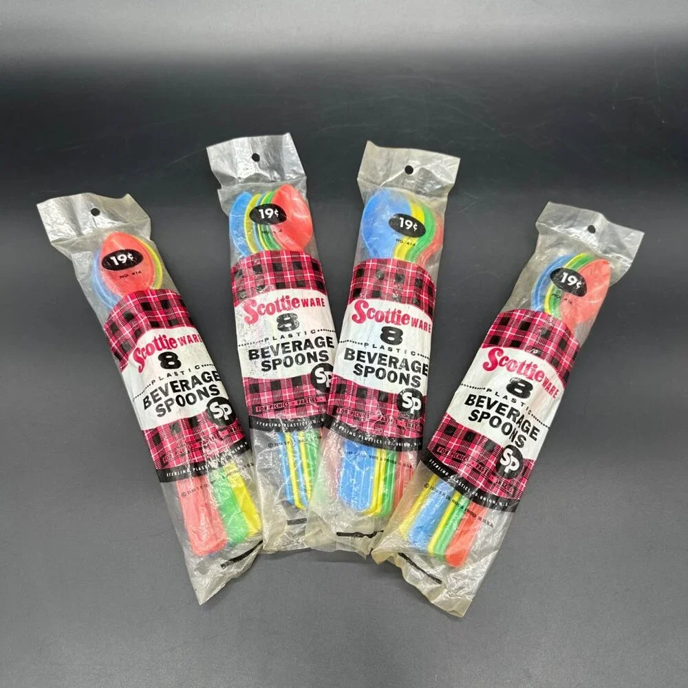Vintage Beverage Spoons Scottie Ware 1959 Plastic Rainbow Packs Party Picnic
